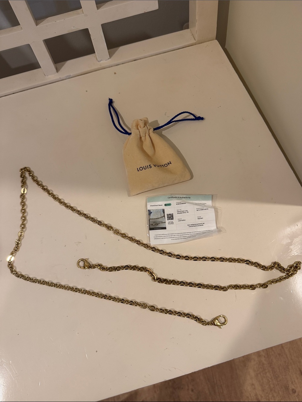 Louis Vuitton Gold Chain Strap with Branded Pouch and COA
